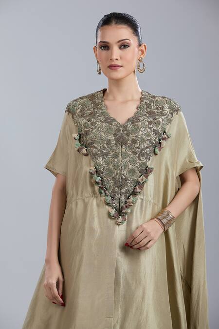 Prisho_Beige Tassels V-neck Dori Embroidered Kaftan And Pant Set _at_Aza_Fashions