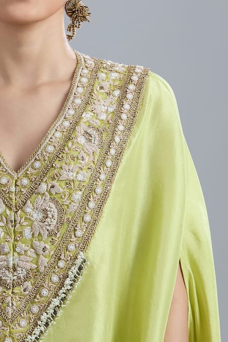 Shop Prisho Green Embroidery, Sequins V-neck Resham Work Kaftan Set Online at Aza Fashions Shop_Prisho_Green Embroidery, Sequins V-neck Resham Work Kaftan Set _Online_at_Aza_Fashions