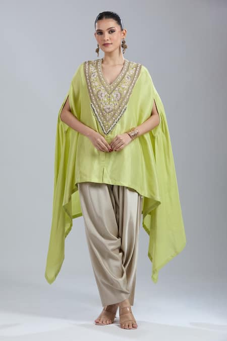 Prisho Green Embroidery, Sequins V-neck Resham Work Kaftan Set