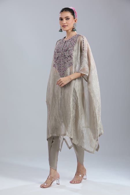 Shop_Prisho_Silver Embroidery Round Neck Thread Kaftan Pant Set _Online_at_Aza_Fashions