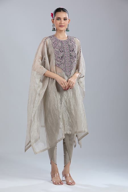 Prisho Silver Embroidery Round Neck Thread Kaftan Pant Set