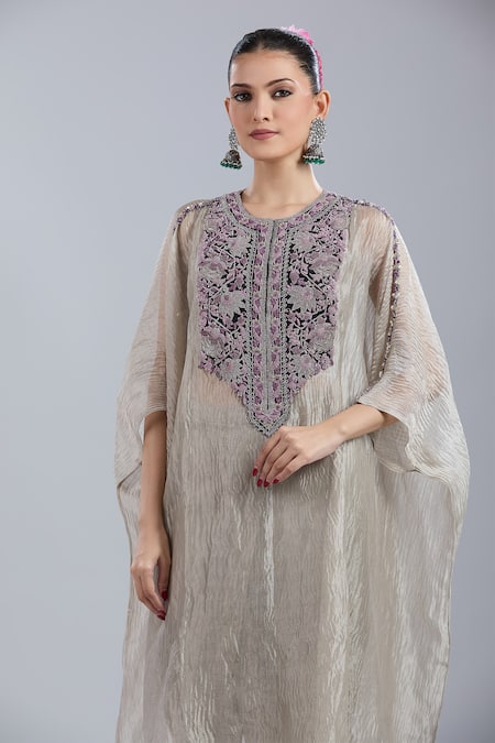 Prisho_Silver Embroidery Round Neck Thread Kaftan Pant Set _at_Aza_Fashions