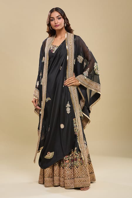 Anamika Khanna Black Embroidered Draped Sharara Set with Jacket 