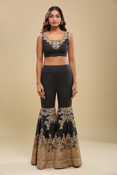Anamika Khanna_Black Embroidery Square , Open Draped Sharara Set With Jacket_Online_at_Aza_Fashions