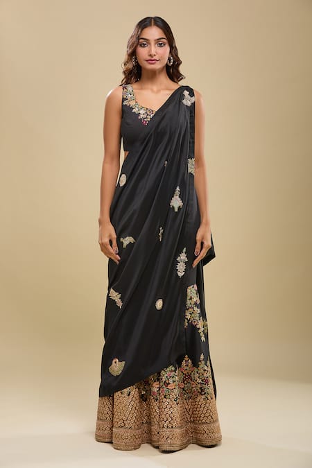 Shop_Anamika Khanna_Black Embroidery Square , Open Draped Sharara Set With Jacket_Online_at_Aza_Fashions