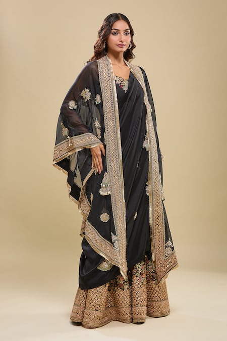 Anamika Khanna_Black Embroidery Square , Open Draped Sharara Set With Jacket_at_Aza_Fashions