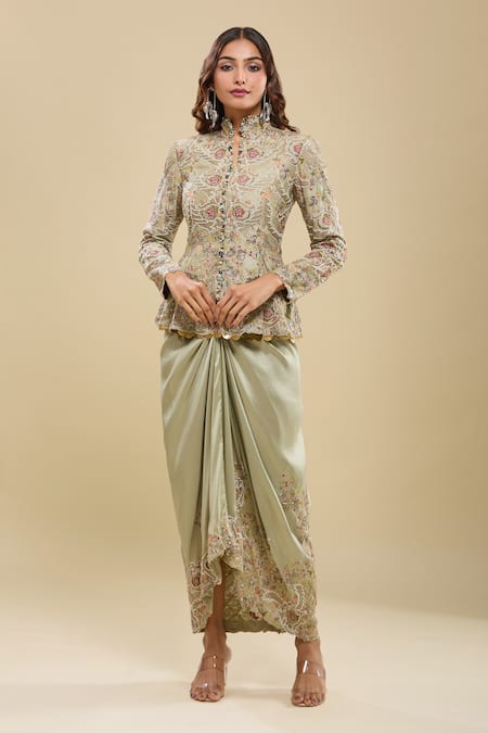 Anamika Khanna Embroidered Peplum Tunic & Draped Skirt Set 