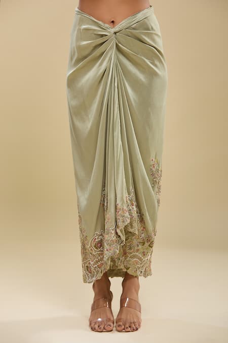 Anamika Khanna_Green Sequins, Embroidery Mandarin Collar Peplum Tunic And Draped Skirt Set _Online_at_Aza_Fashions