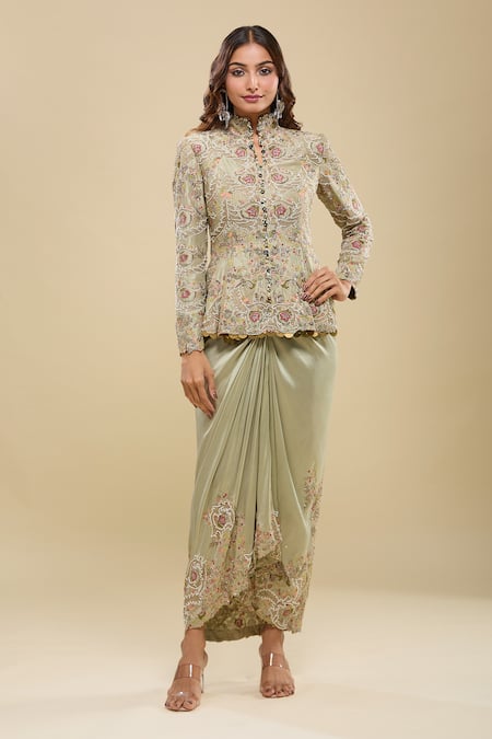 Buy_Anamika Khanna_Green Sequins, Embroidery Mandarin Collar Peplum Tunic And Draped Skirt Set _Online_at_Aza_Fashions