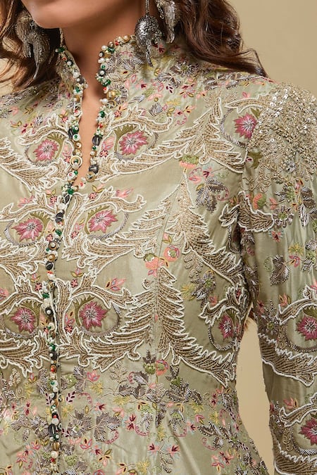 Anamika Khanna_Green Sequins, Embroidery Mandarin Collar Peplum Tunic And Draped Skirt Set _at_Aza_Fashions