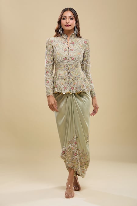 Anamika Khanna Embroidered Peplum Tunic & Draped Skirt Set 