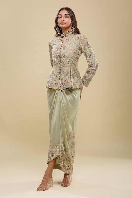 Anamika Khanna_Green Embroidery, Sequins Mandarin Collar Peplum Tunic And Draped Skirt Set _Online_at_Aza_Fashions