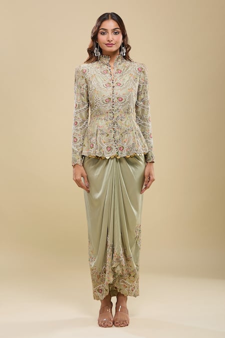 Shop_Anamika Khanna_Green Embroidery, Sequins Mandarin Collar Peplum Tunic And Draped Skirt Set _Online_at_Aza_Fashions
