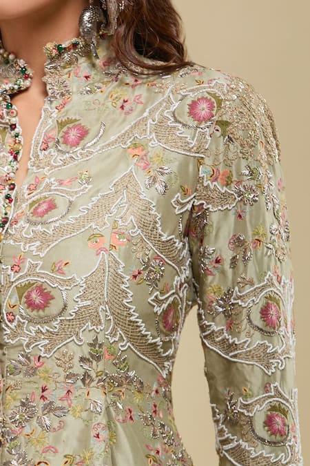 Anamika Khanna_Green Embroidery, Sequins Mandarin Collar Peplum Tunic And Draped Skirt Set _at_Aza_Fashions