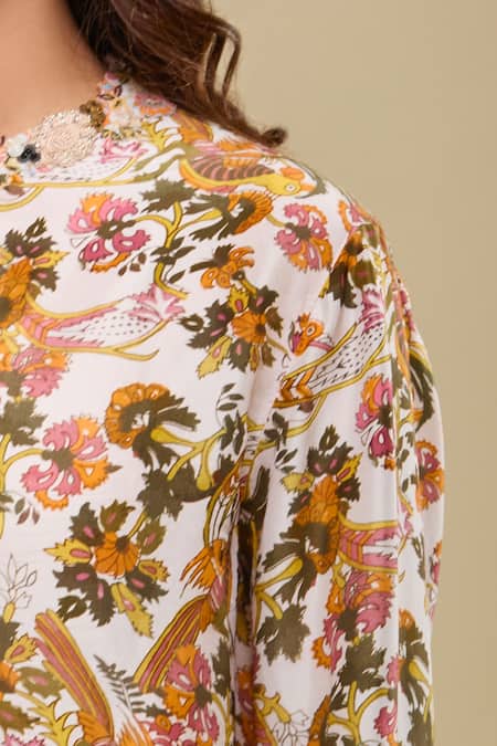 Anamika Khanna_Pink Round Neck Floral Print Kurta And Draped Skirt Set _Online_at_Aza_Fashions