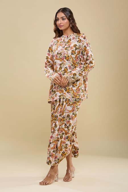 Shop_Anamika Khanna_Pink Round Neck Floral Print Kurta And Draped Skirt Set _Online_at_Aza_Fashions