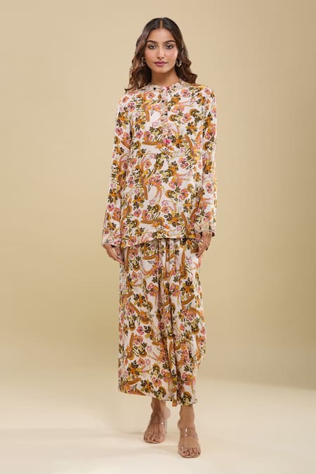 Anamika Khanna Floral Print Kurta & Draped Skirt Set 