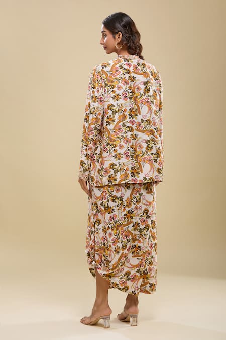 Anamika Khanna Floral Print Kurta & Draped Skirt Set 