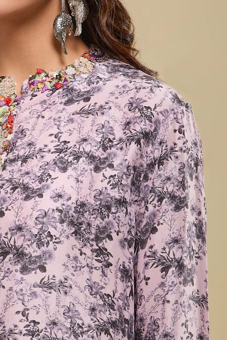 Anamika Khanna Pink Beads, Sequins Round Neck Floral Print Kurta And Draped Skirt Set Online at Aza Fashions Anamika Khanna_Pink Beads, Sequins Round Neck Floral Print Kurta And Draped Skirt Set_Online_at_Aza_Fashions