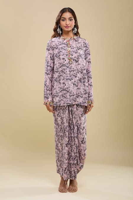 Buy Anamika Khanna Pink Beads, Sequins Round Neck Floral Print Kurta And Draped Skirt Set Online at Aza Fashions Buy_Anamika Khanna_Pink Beads, Sequins Round Neck Floral Print Kurta And Draped Skirt Set_Online_at_Aza_Fashions