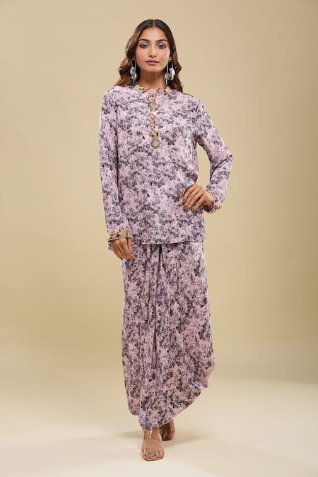 Anamika Khanna Floral Print Kurta & Draped Skirt Set 