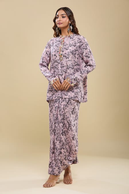 Shop Anamika Khanna Pink Beads, Sequins Round Neck Floral Print Kurta And Draped Skirt Set Online at Aza Fashions Shop_Anamika Khanna_Pink Beads, Sequins Round Neck Floral Print Kurta And Draped Skirt Set_Online_at_Aza_Fashions