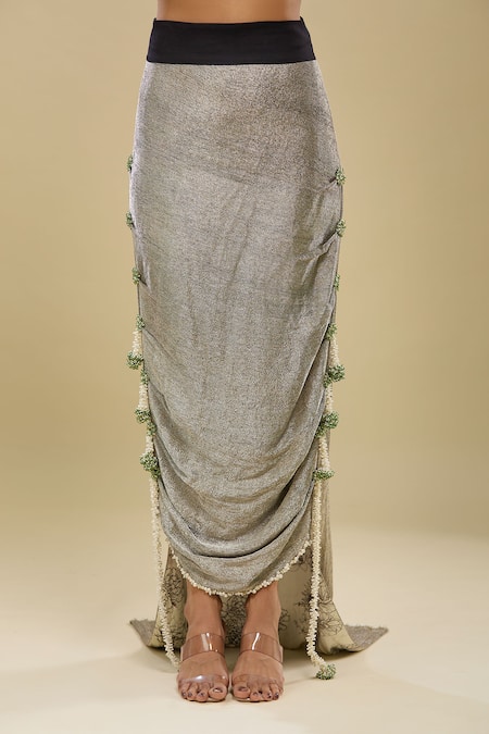 Anamika Khanna_Beige Embroidery, Tassels V-neck Black Jacket And Draped Skirt Set _Online_at_Aza_Fashions