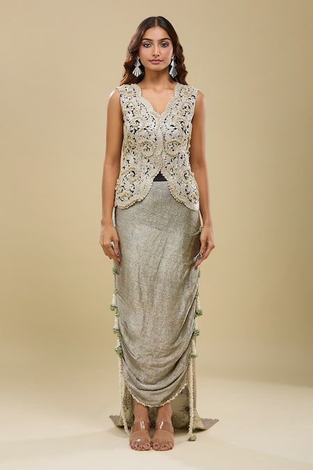 Buy_Anamika Khanna_Beige Embroidery, Tassels V-neck Black Jacket And Draped Skirt Set _Online_at_Aza_Fashions