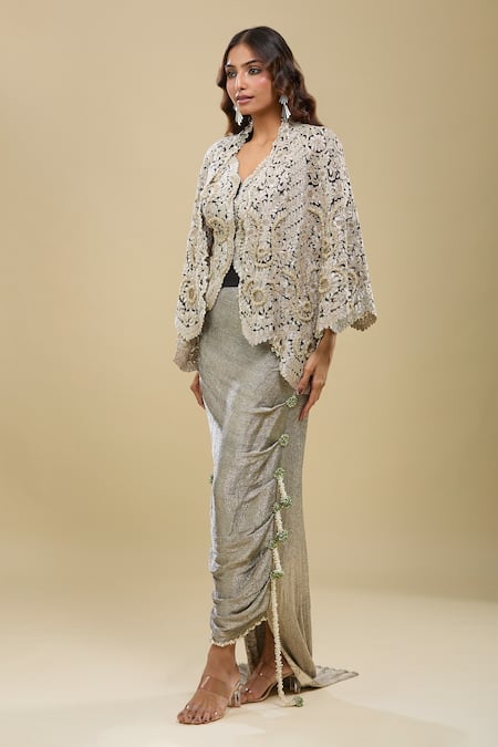 Shop_Anamika Khanna_Beige Embroidery, Tassels V-neck Black Jacket And Draped Skirt Set _Online_at_Aza_Fashions