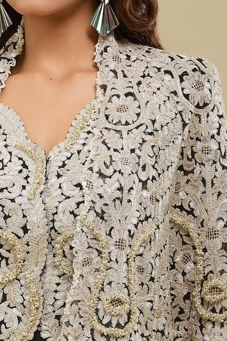 Anamika Khanna_Beige Embroidery, Tassels V-neck Black Jacket And Draped Skirt Set _at_Aza_Fashions