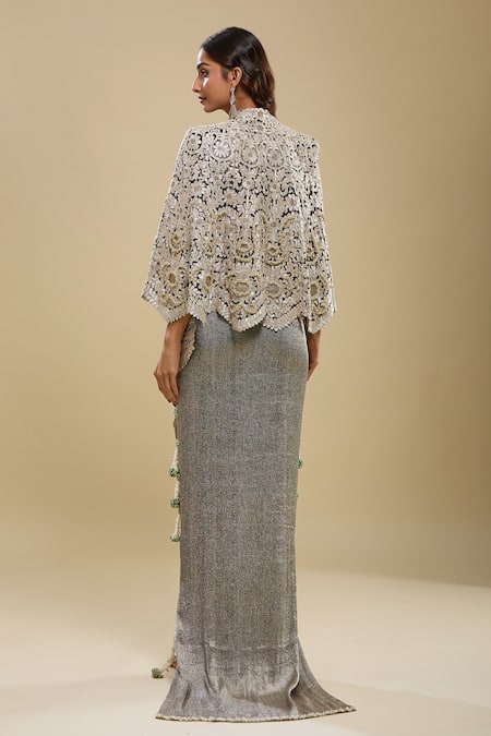 Anamika Khanna Black Embroidered Jacket & Draped Skirt Set 