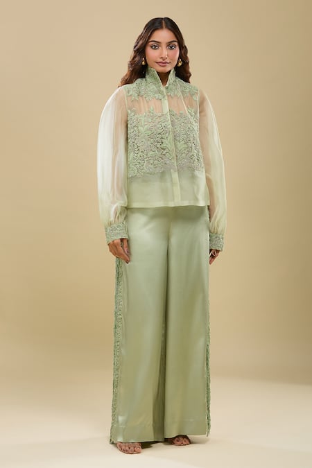 Anamika Khanna_Green Embroidery High Neck Jacket And Palazzo Set _Online_at_Aza_Fashions