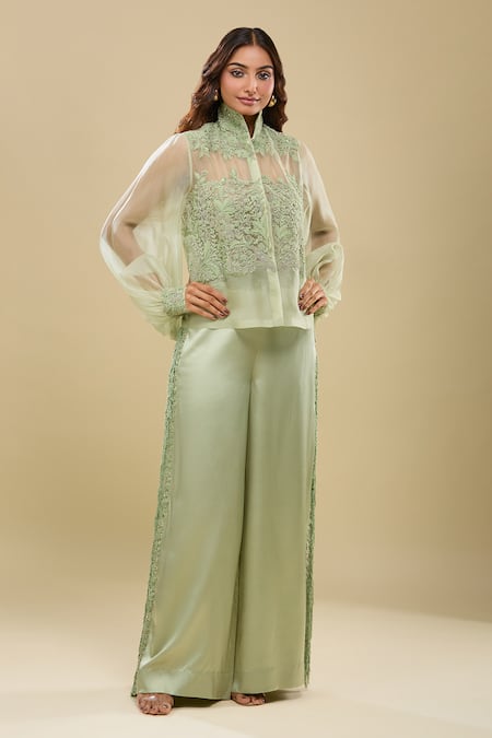 Buy_Anamika Khanna_Green Embroidery High Neck Jacket And Palazzo Set _Online_at_Aza_Fashions