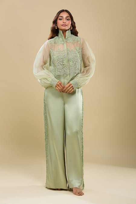 Anamika Khanna Embroidered Green Jacket & Palazzo Set 