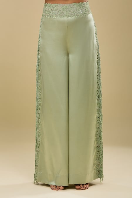 Shop_Anamika Khanna_Green Embroidery High Neck Jacket And Palazzo Set _Online_at_Aza_Fashions