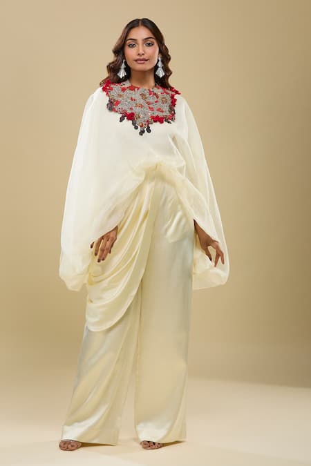 Anamika Khanna Ivory Draped Pant & Capelet Set 