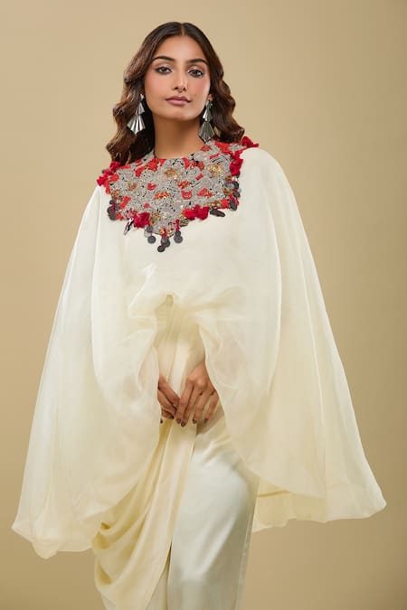 Anamika Khanna Ivory Round Neck Draped Pant And Capelet Set Online at Aza Fashions Anamika Khanna_Ivory Round Neck Draped Pant And Capelet Set _Online_at_Aza_Fashions