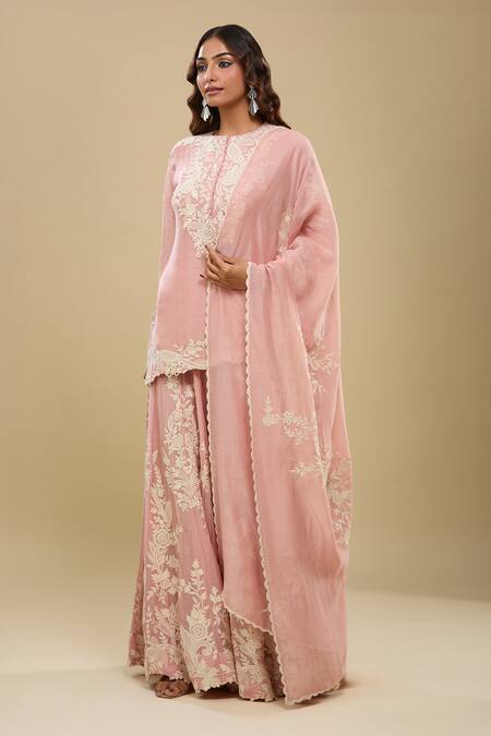 Shop_Anamika Khanna_Pink Embroidery Round Neck Rose Kurta Sharara Set_Online_at_Aza_Fashions