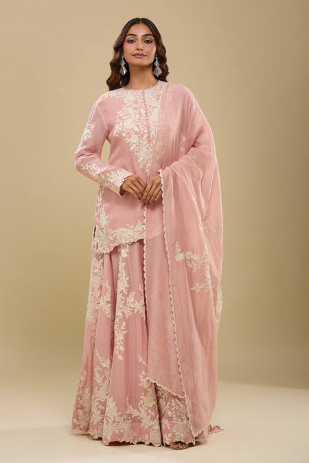 Anamika Khanna_Pink Embroidery Round Neck Rose Kurta Sharara Set_at_Aza_Fashions
