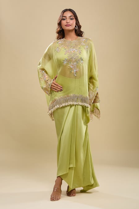 Anamika Khanna Lime Green Embroidered Tunic & Draped Skirt Set 