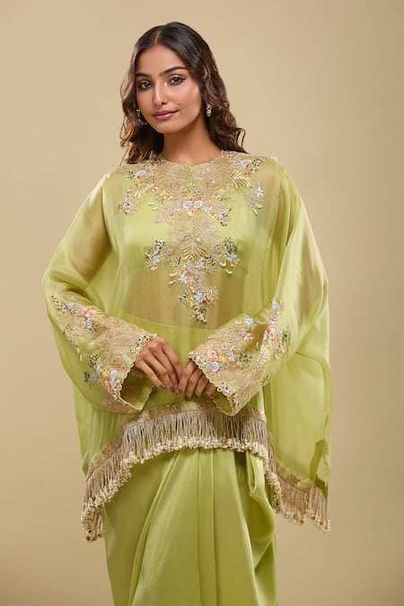 Shop_Anamika Khanna_Lime Embroidery, Fringe Round Neck Green Tunic And Draped Skirt Set _Online_at_Aza_Fashions