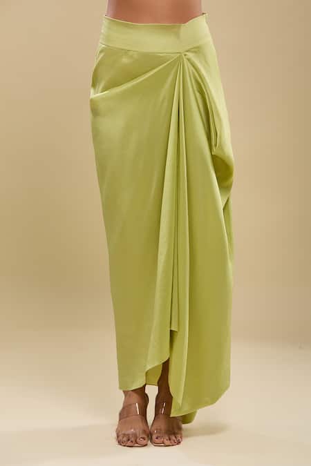 Anamika Khanna_Lime Embroidery, Fringe Round Neck Green Tunic And Draped Skirt Set _at_Aza_Fashions