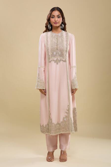 Buy_Anamika Khanna_Pink Embroidery Round Neck Baby Kurta Set_Online_at_Aza_Fashions