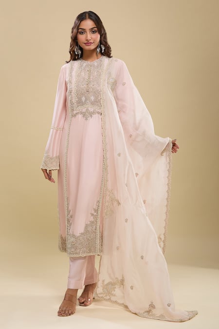 Anamika Khanna Embroidered Baby Pink Kurta Set 