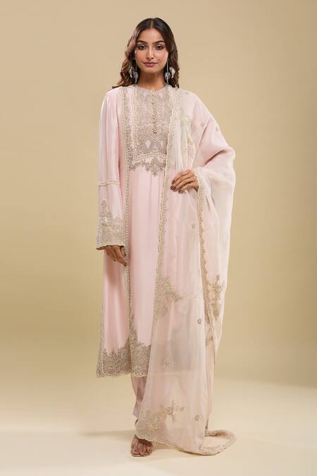 Shop_Anamika Khanna_Pink Embroidery Round Neck Baby Kurta Set_Online_at_Aza_Fashions