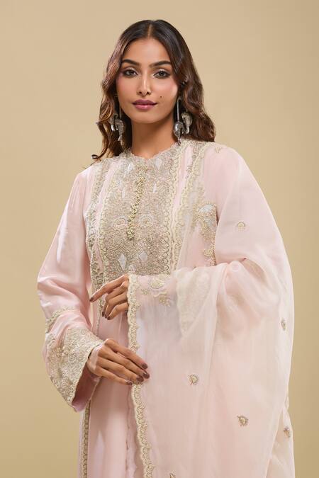 Anamika Khanna_Pink Embroidery Round Neck Baby Kurta Set_at_Aza_Fashions