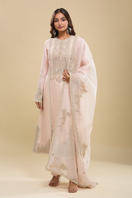 Anamika Khanna Embroidered Baby Pink Kurta Set 