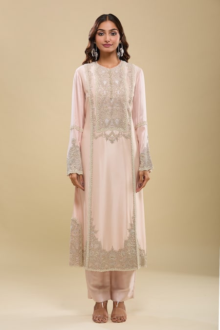 Anamika Khanna Pink Sequins, Embroidery Round Neck Baby Kurta Set at Aza Fashions Anamika Khanna_Pink Sequins, Embroidery Round Neck Baby Kurta Set_at_Aza_Fashions