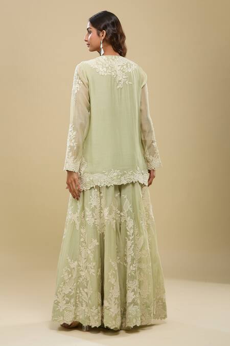 Shop Anamika Khanna Mint Embroidery Round Neck Green Kurta Sharara Set at Aza Fashions Shop_Anamika Khanna_Mint Embroidery Round Neck Green Kurta Sharara Set_at_Aza_Fashions