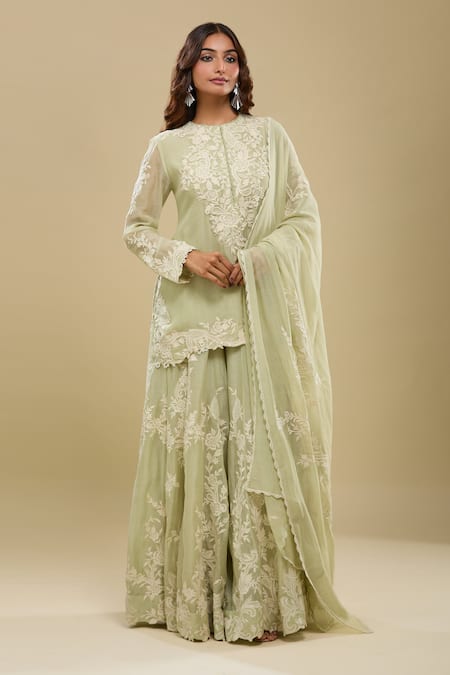 Anamika Khanna Mint Green Embroidered Kurta Sharara Set 